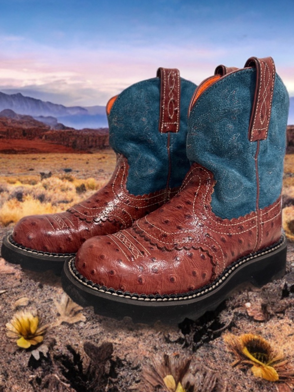 Ariat Fatbaby Western Boots | Brown Ostrich Print & Teal Suede Leather | Size 6B